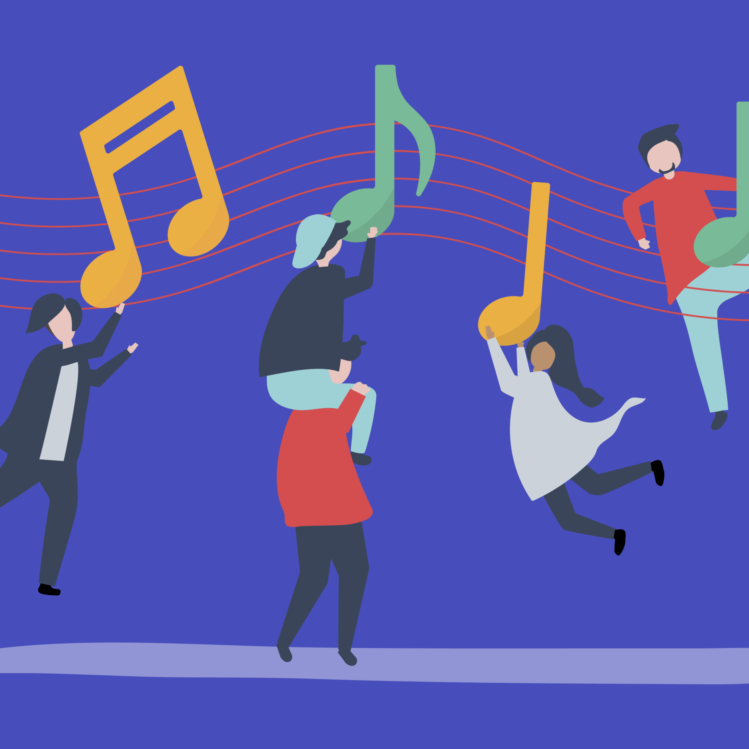 Blind test People dancing to the music with musical notes floating in the air